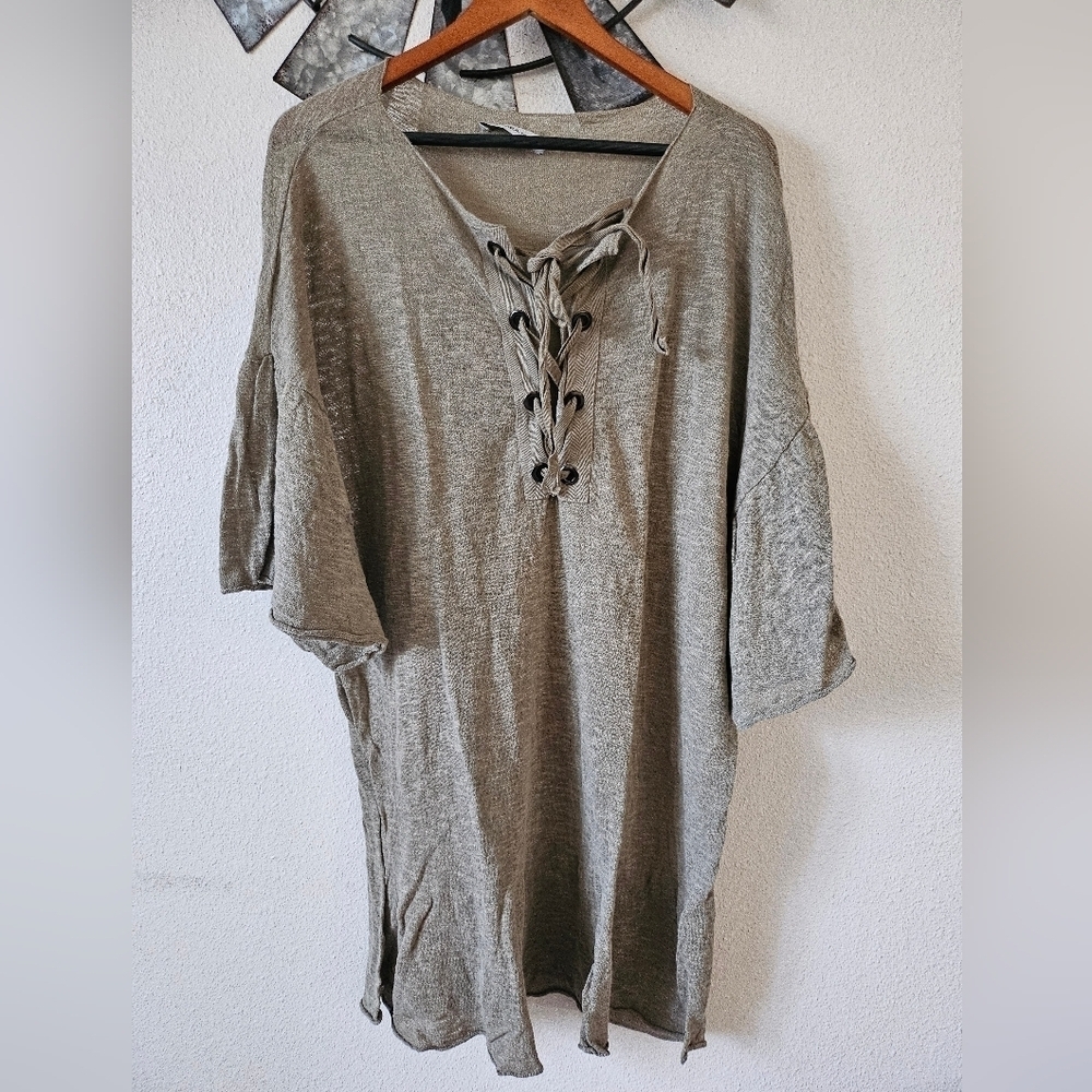Zara Knit Olive Green women's Lightweight Tie Front Short Sleeve Dress Size S.